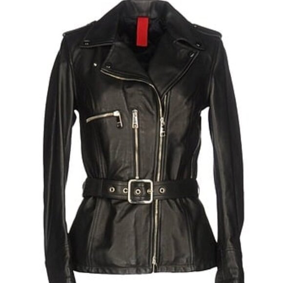 COVER ORCIANI Jackets & Blazers - COVER ORCIANI Black Leather Luxury Long Belted Moto Jacket Made In Italy